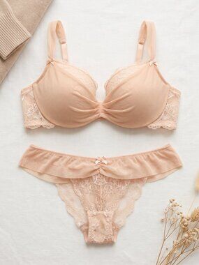 Adore Me Alyce Crossover Push-Up Bra & Thong Set – Blush Beige Nude,Size L, 38DD